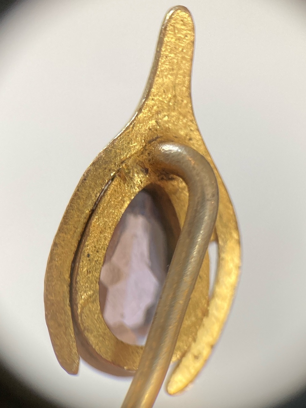 Antique Victorian Amethyst Paste Wishbone Gilt Metal Stick Pin/Cravat Pin - Picture 9 of 10